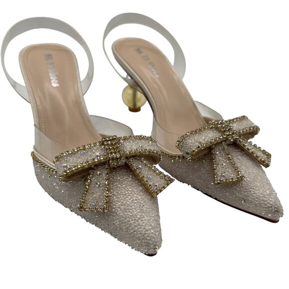 No.55 Shoes Womens 8.5 Crystal Butterfly Bow Pointed Toe Slingback Sphere Heels - Picture 3 of 16